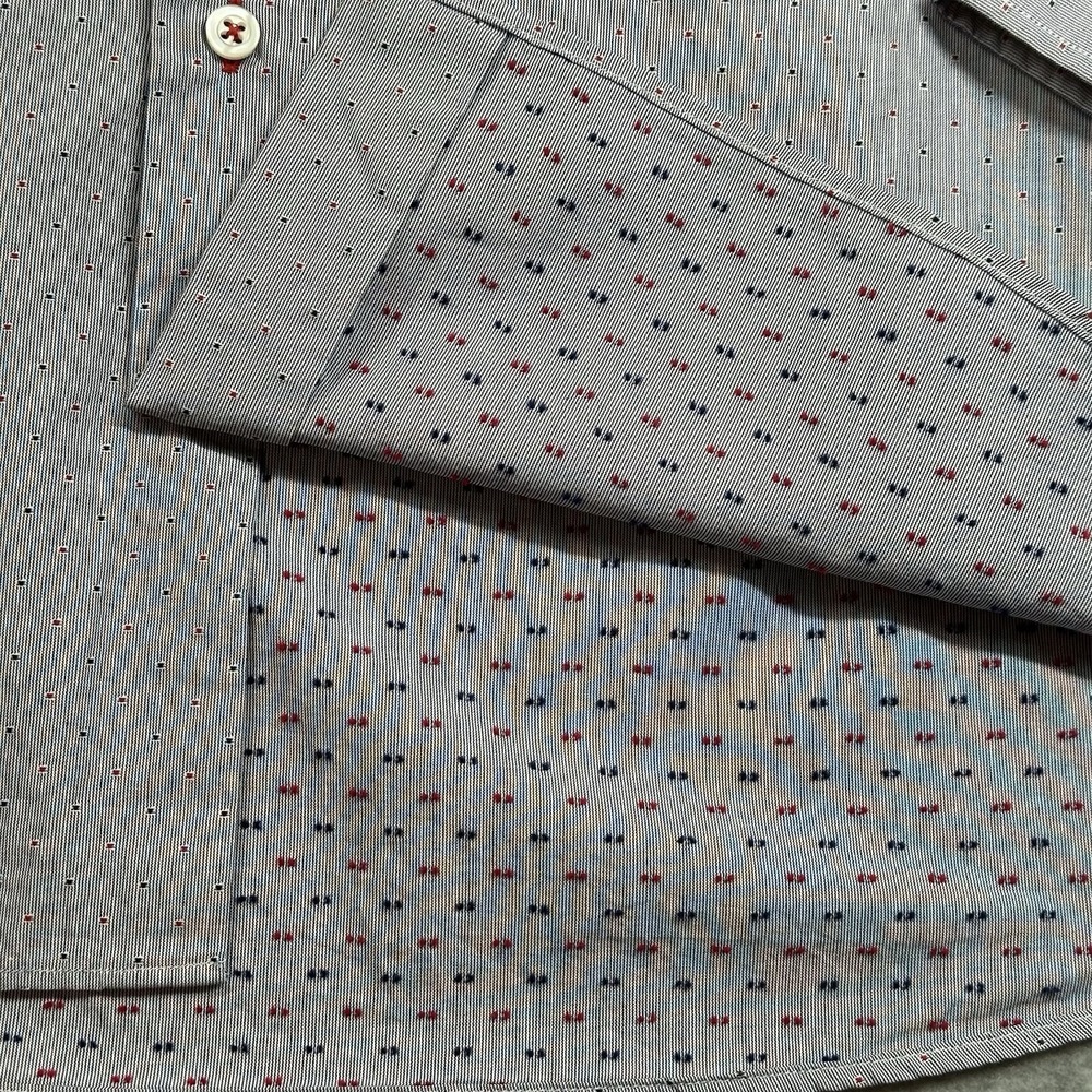 Triple Marfel Button Up Shirt Mens 41/L Gray Stitched Polka Dots Red Blue Cotton - Picture 5 of 13